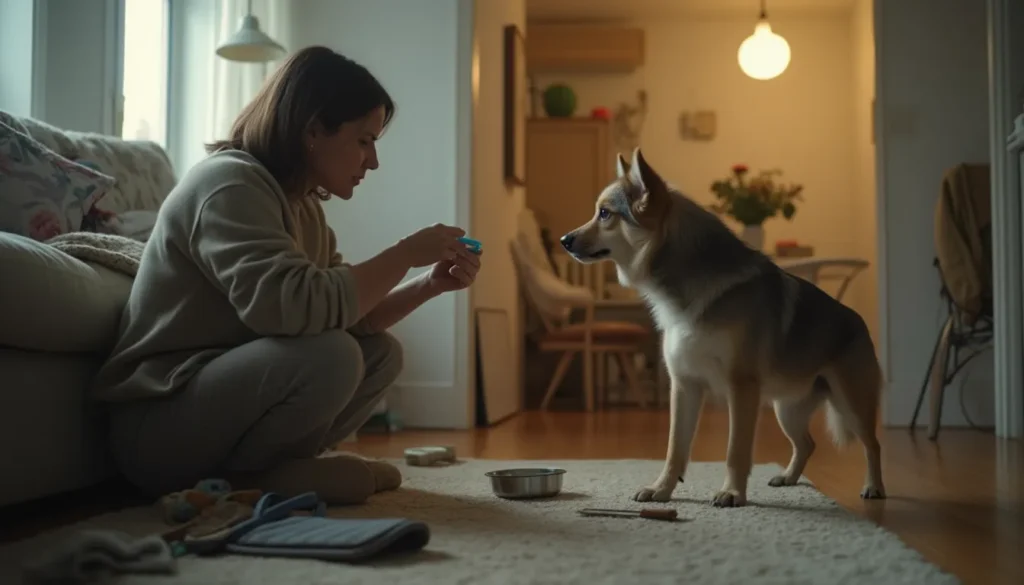 Dueño cepillando los dientes a un perro pequeño en un piso, con arnés y rampa junto al sofá.