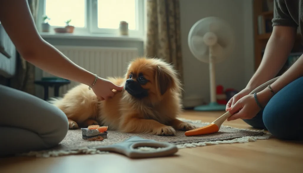 Pekinés tumbado en el salón mientras lo cepillan, con arnés y cuenco de agua cerca.