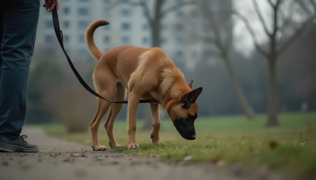 Perro pastor belga con correa olfateando en un parque urbano durante un paseo matutino.
