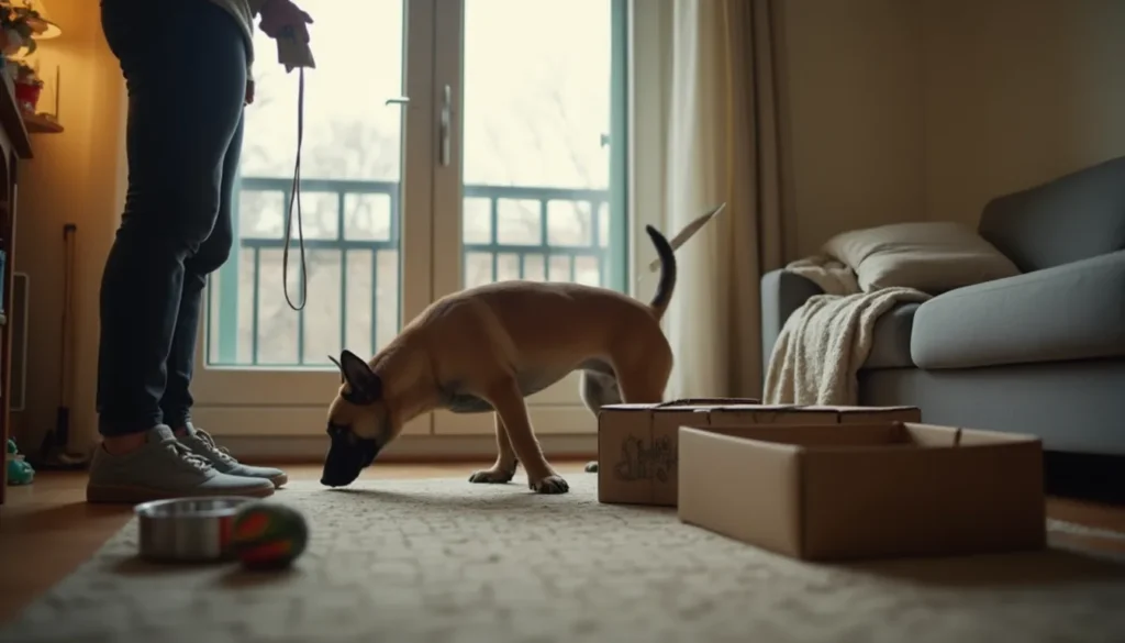 Pastor Belga Malinois en casa haciendo un juego de olfato con cajas mientras su dueño practica entrenamiento básico.