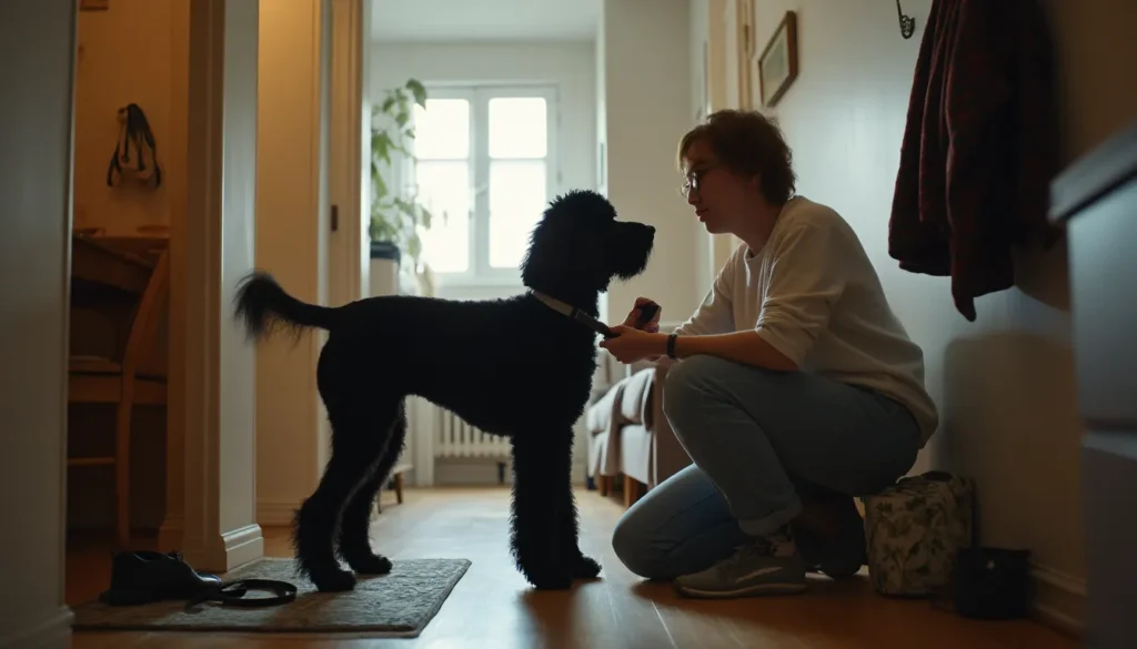 Caniche gigante en la entrada de casa mientras lo cepillan tras un paseo, foto casual con luz interior.