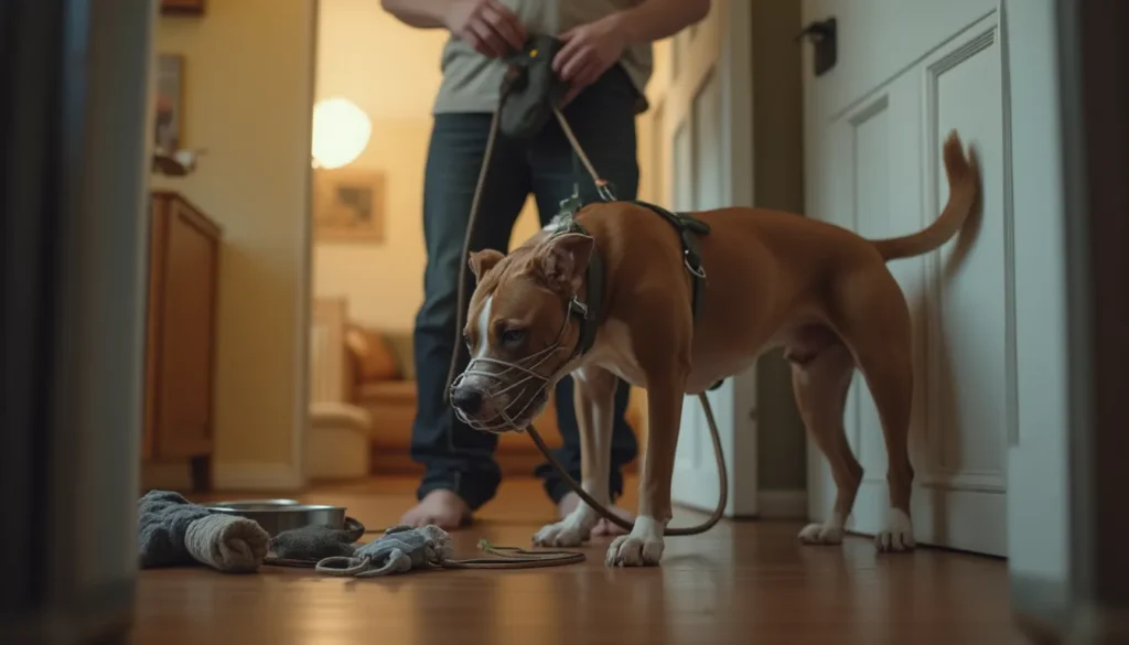 Perro tipo pitbull con bozal y correa en casa mientras su dueño prepara premios para entrenar.