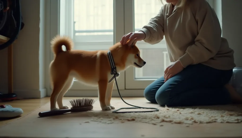 Shiba Inu en un piso, lo cepillan junto a un montón de pelo, con arnés y correa en el suelo.