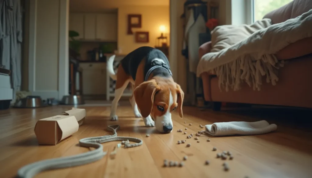 Beagle olfateando premios escondidos en cajas y una toalla en el salón de un piso, luz natural irregular.