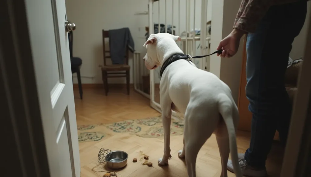 Dogo argentino con arnés en la entrada de casa mientras su dueño engancha la correa.