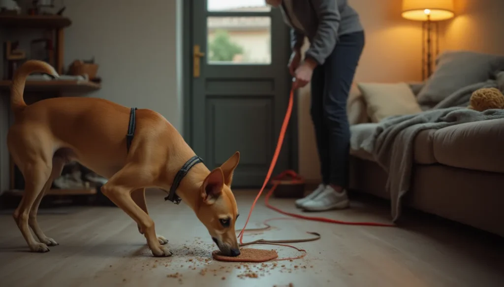 Podenco en un piso olfateando una alfombra de búsqueda, con correa larga y arnés cerca de la puerta.