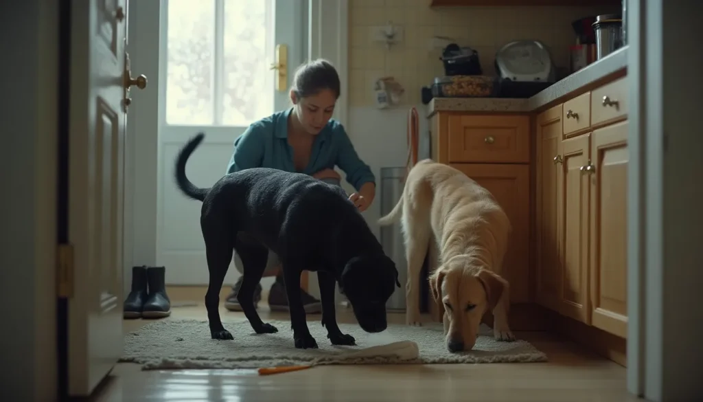 Dos perros, un labrador negro y un golden mojados, mientras una persona revisa orejas en casa.