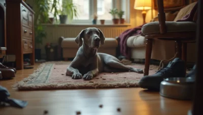 Weimaraner descansando en el salón tras el paseo, con correa y alfombra olfativa cerca.