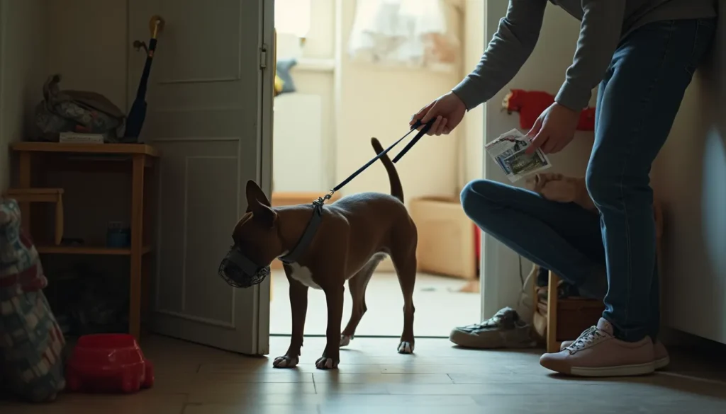 Perro AmStaff con bozal y correa en un portal de piso, dueño preparando papeles antes de salir.