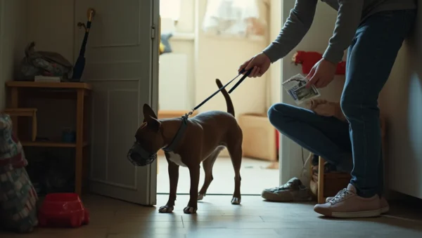 Perro AmStaff con bozal y correa en un portal de piso, dueño preparando papeles antes de salir.