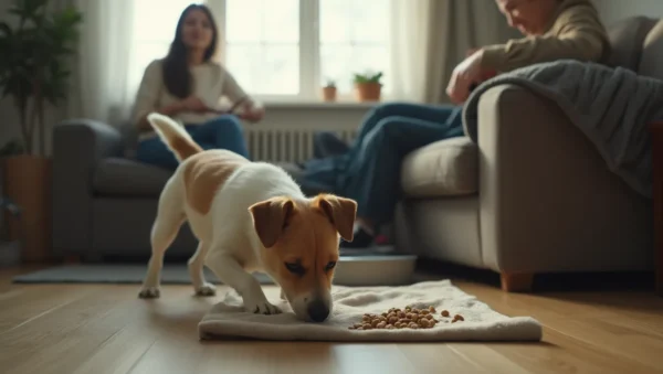 Jack Russell Terrier olfateando premios en una toalla en un piso, mientras su dueño prepara la correa.