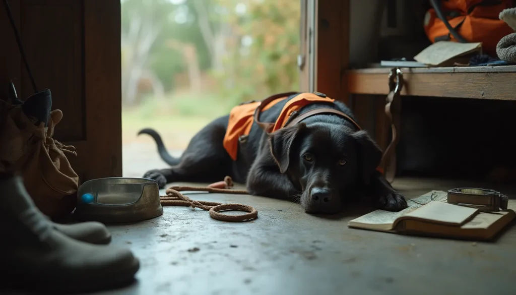 Perro de caza descansando junto a botas y equipo de campo en un garaje, con luz de mañana.