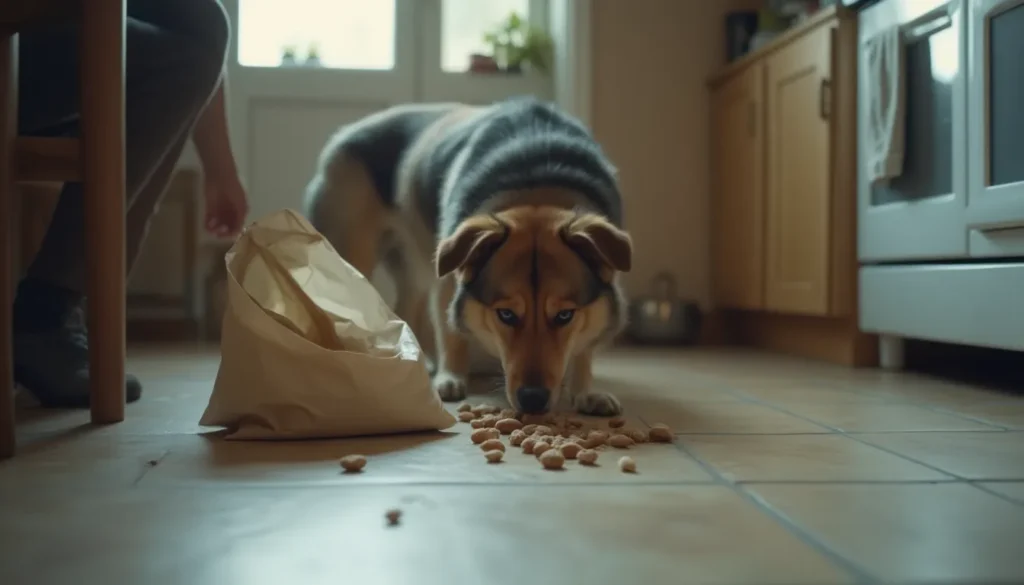 Perro olfateando nueces caídas en el suelo de una cocina mientras alguien las recoge rápido.