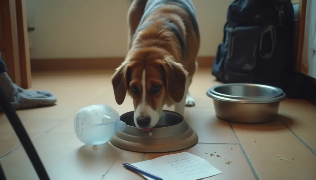 Perro bebiendo agua en la cocina mientras una persona mide el consumo con una jarra y toma notas.