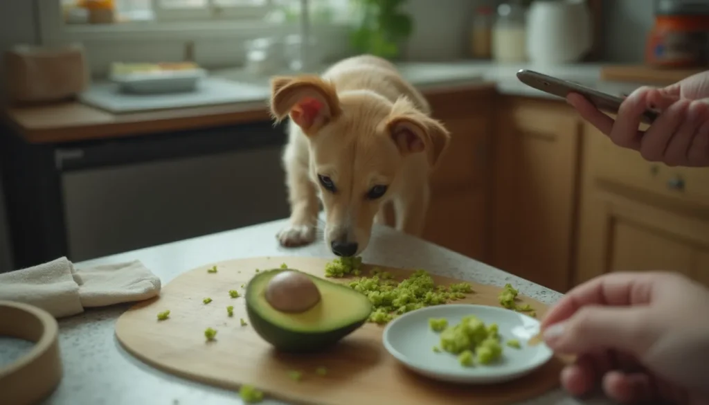 Perro en cocina husmeando aguacate caído mientras alguien limpia el suelo; foto casual con luz interior.
