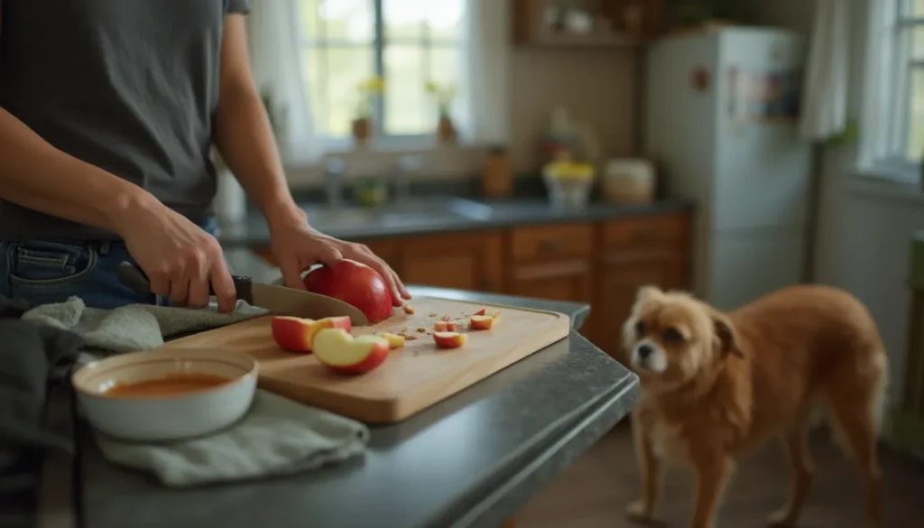 Manos cortando manzana en trozos pequeños en la cocina, con un perro esperando cerca sin posar.