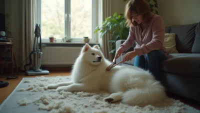 Samoyedo en un salón mientras lo cepillan; hay pelo suelto, cuenco de agua y ventilador cerca de la ventana.