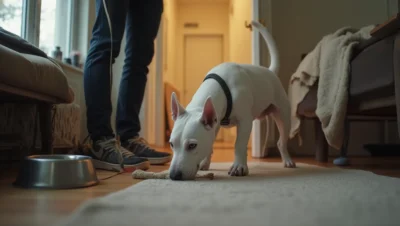 Bull Terrier en un piso, oliendo una alfombra de olfato junto a un arnés y correa en casa.