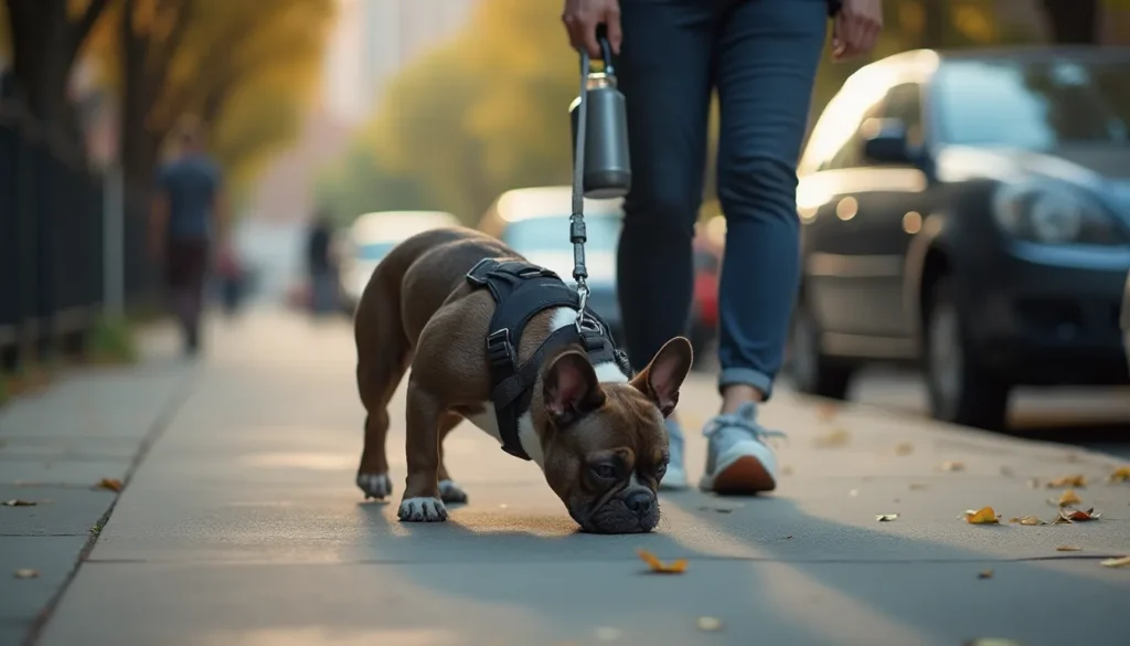Bulldog francés con arnés olfateando en acera al amanecer, dueño caminando sin posar.