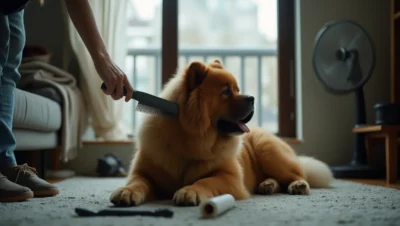 Chow Chow en un piso mientras lo cepillan; se ven pelos sueltos y luz mixta de casa.