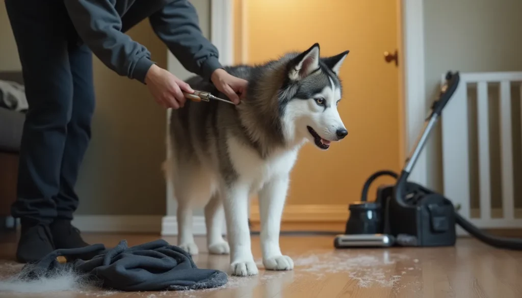 Husky siendo cepillado en sala, pelo en el suelo y correa larga cerca de la puerta.