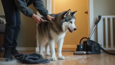 Husky siendo cepillado en sala, pelo en el suelo y correa larga cerca de la puerta.