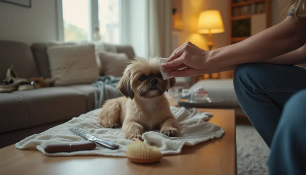 Manos limpiando los ojos de un Shih Tzu en un salón de piso, con cepillo y peine cerca.