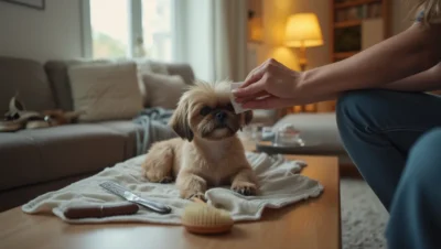 Manos limpiando los ojos de un Shih Tzu en un salón de piso, con cepillo y peine cerca.