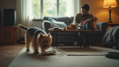 Yorkshire terrier en un salón de piso, olisqueando un cepillo y un arnés antes de salir a pasear.