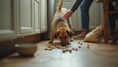 Perro olfateando nueces caídas en la cocina mientras una mano intenta recogerlas del suelo.
