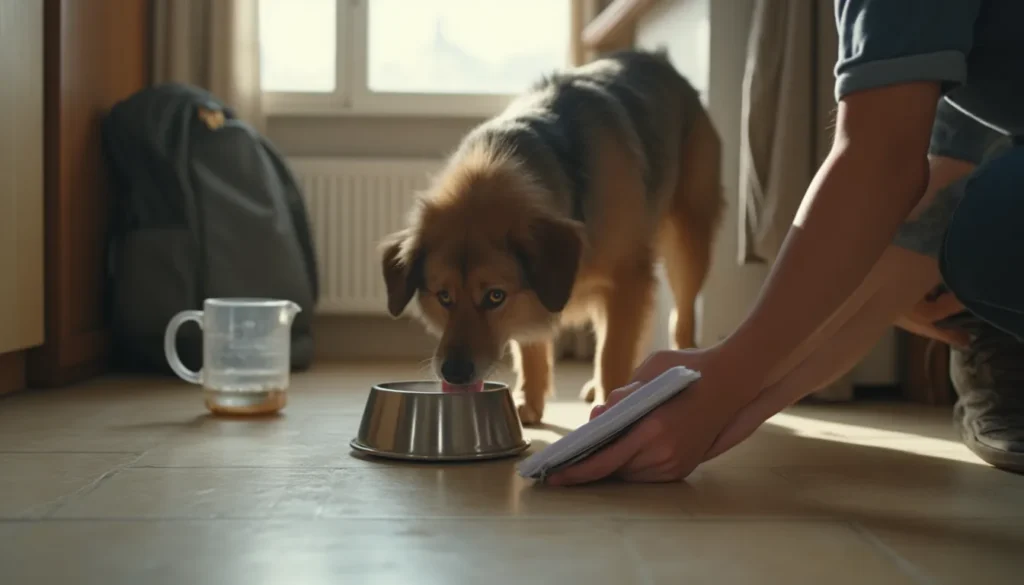Perro bebiendo agua en la cocina mientras una persona mide el agua con una jarra y libreta.