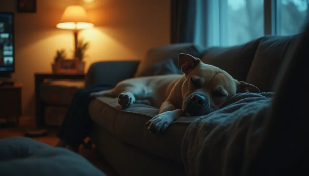 Perro dormido en sofá moviendo una pata, dueño observa a distancia en salón con luz tenue.