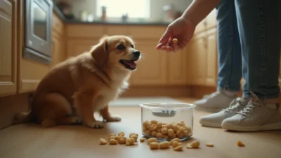Perro pequeño en la cocina esperando cacahuetes sin sal troceados de la mano de su dueño.