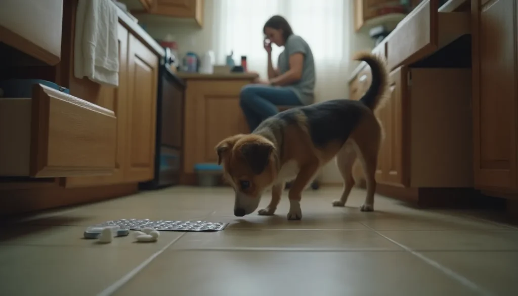 Perro en la cocina junto a pastillas caídas mientras una persona llama al veterinario, foto casual.