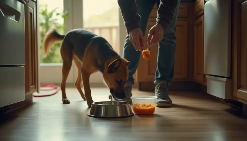 Perro en la cocina junto a su cuenco de agua mientras su dueño mezcla comida húmeda con calabaza.