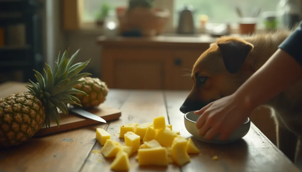 Perro en cocina olfateando mientras preparan pequeños trozos de piña fresca en una mesa.