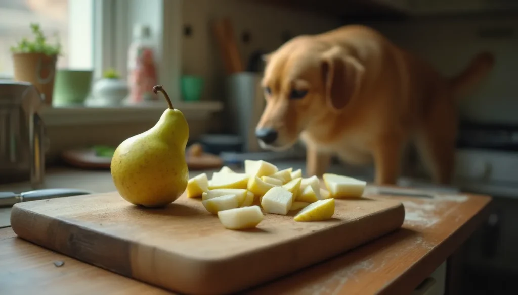 Pera cortada en cubitos en una cocina, con un perro al fondo olfateando cerca de la encimera.