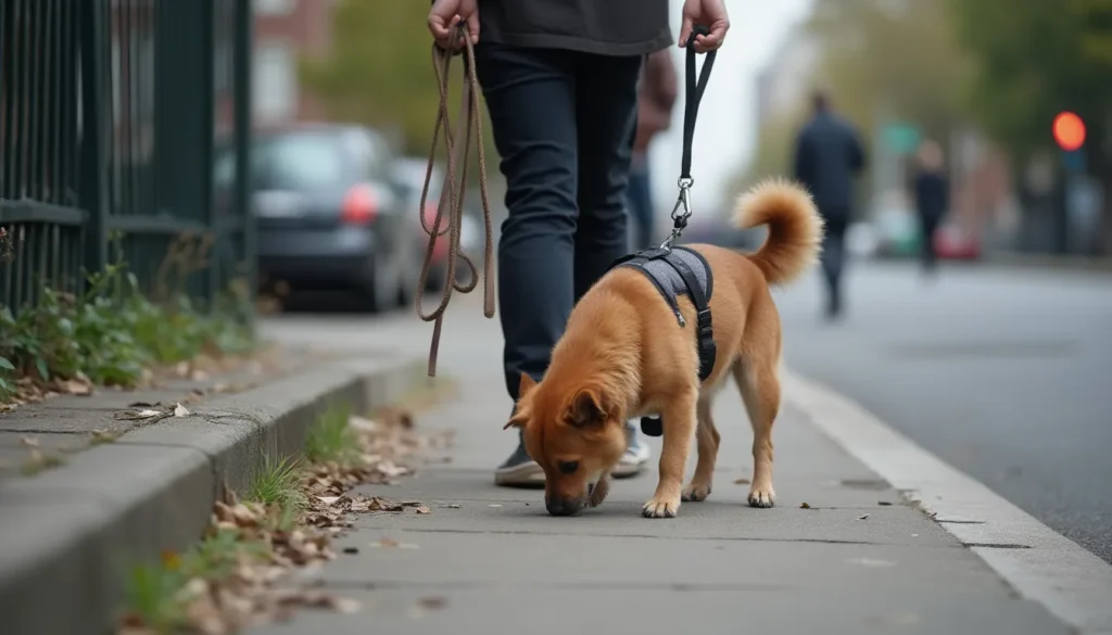 Persona elige correas mientras su perro con arnés olfatea la acera en una calle urbana.