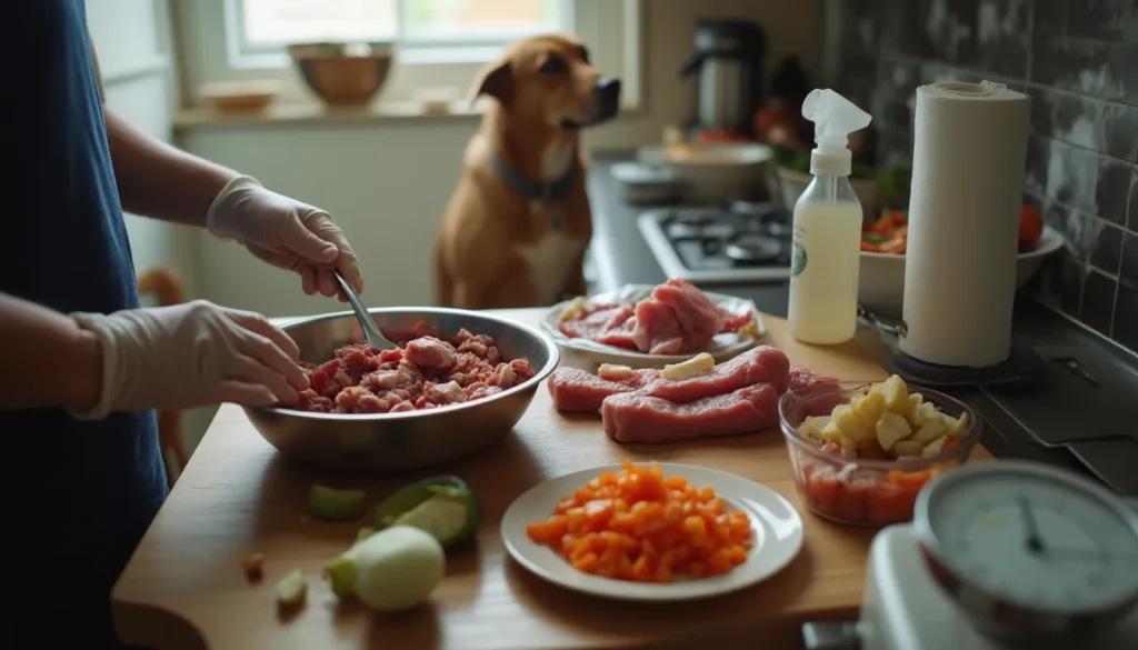 Manos preparando comida BARF cruda en cocina doméstica, con perro al fondo olfateando, foto casual.