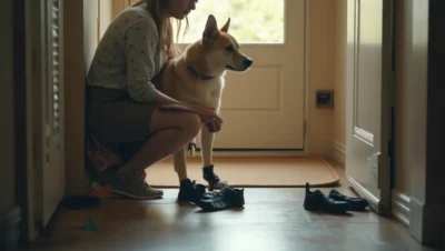 Persona poniéndole botas a un perro en la entrada de casa, con luz irregular y escena casual.