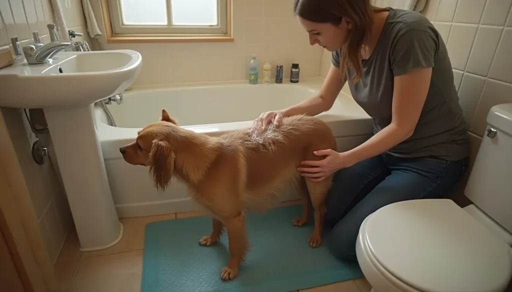 Perro mojado en la bañera mientras una persona lo enjabona en un baño doméstico.