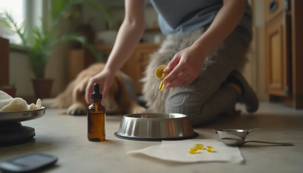 Persona añade aceite omega 3 a la comida de su perro en una cocina, foto casual.