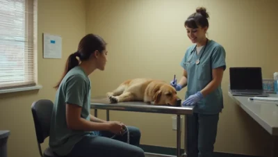 Perro en consulta veterinaria mientras el veterinario lo examina y su dueño espera con la correa.