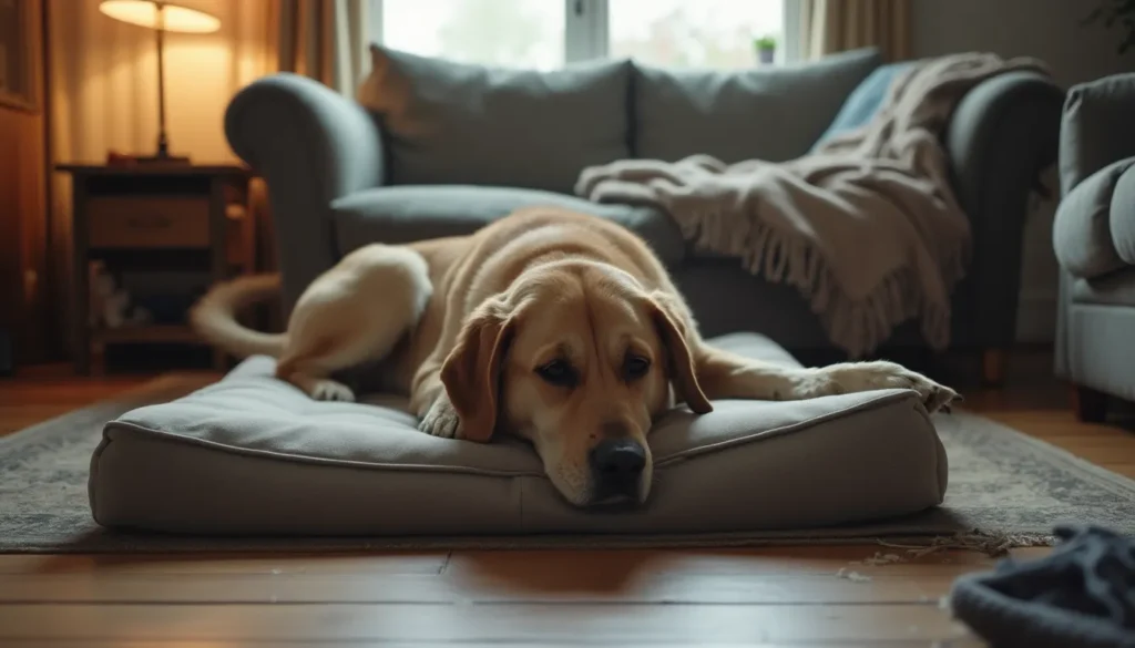 Perro mayor descansando en una cama ortopédica gruesa en el salón, con luz natural y una manta.