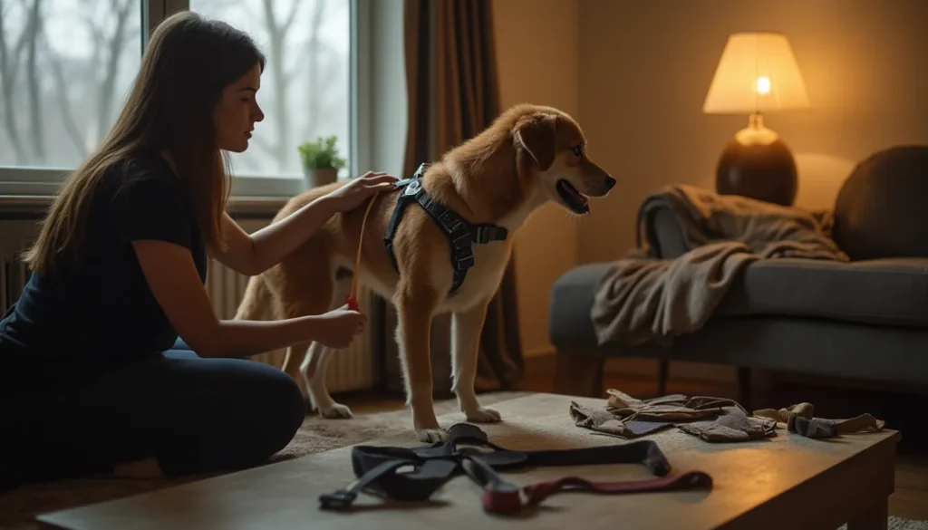 Persona midiendo el pecho de su perro en casa con varios arneses sobre la mesa.