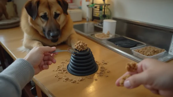 Manos rellenando un juguete de goma para perro en cocina, con el perro tumbado cerca y congelador abierto.