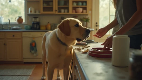 Perro mayor en la cocina recibiendo un suplemento articular junto a su comedero, foto casual sin poses.